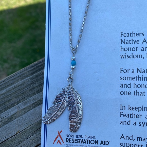 Feather Necklace silver tone turquoise bead NPRA 18” chain - Picture 10 of 11
